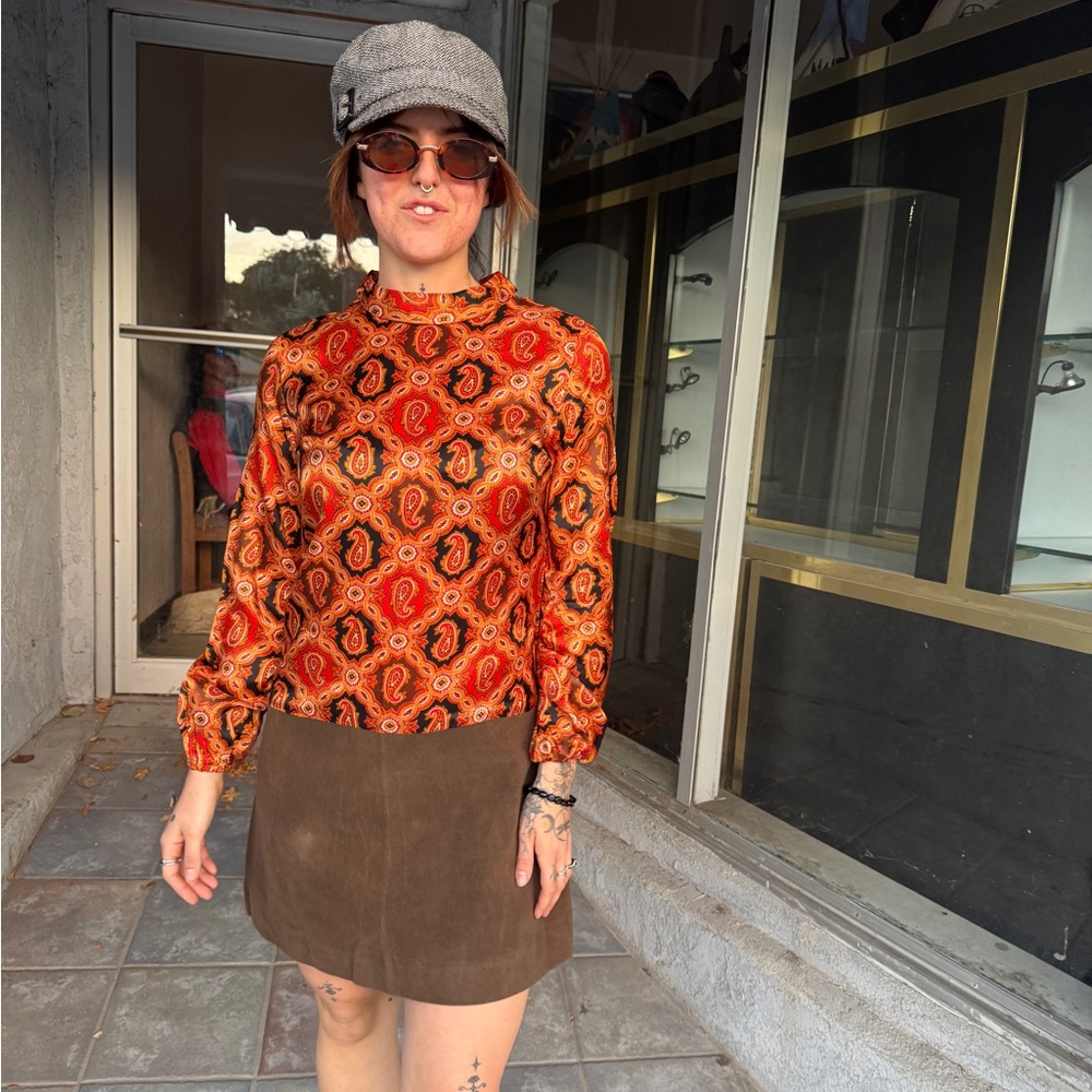 60s Vicky Vaughn Junior Mod Paisley Orange Top & Faux Suede Bottom Dress